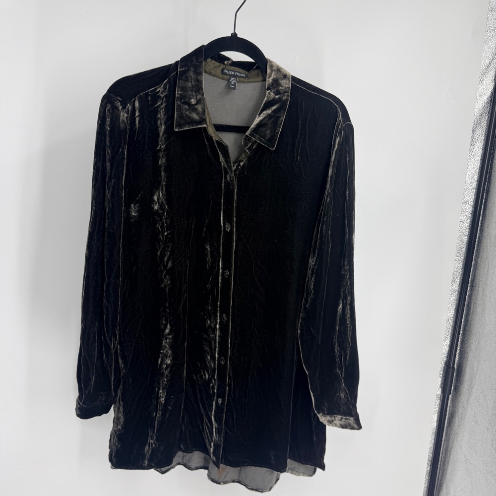 Eileen Fisher Silk Blend Velvet Button Down Shirt Dark Green M Tunic High Low